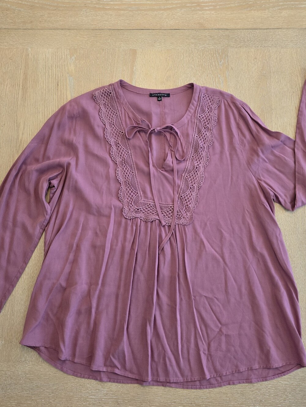 Drapey Lace-Trim Tie-Neck Tunic Top
